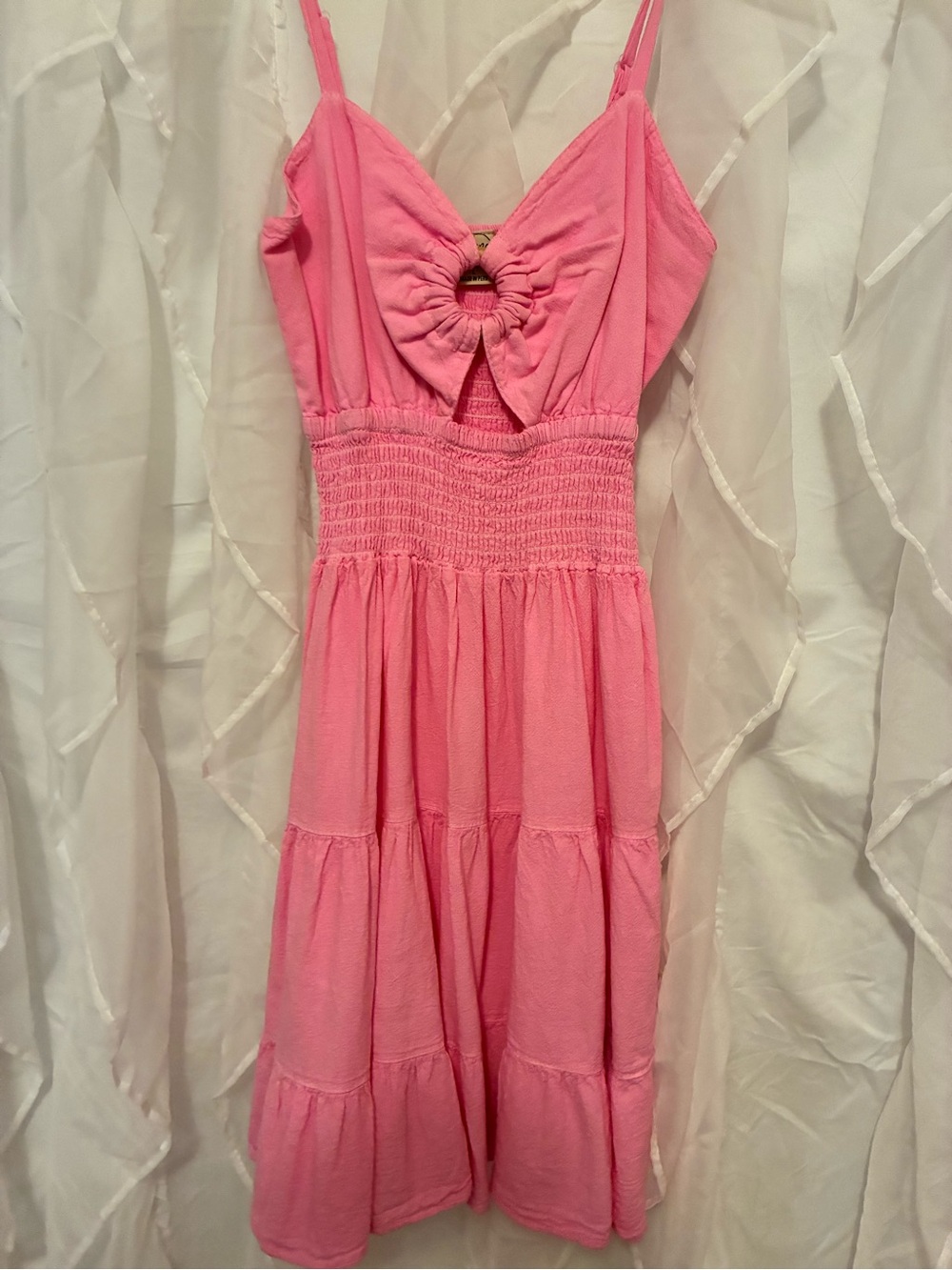 Pink Spaghetti-Strap Tiered Dress with Knotted Front